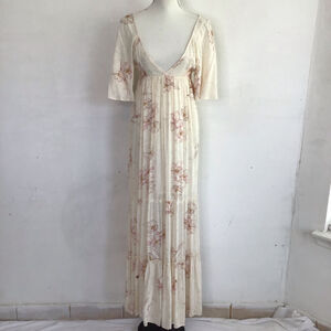 Billabong Women Elegant Cream Pink Floral Tiered Ruffle Maxi Dress S